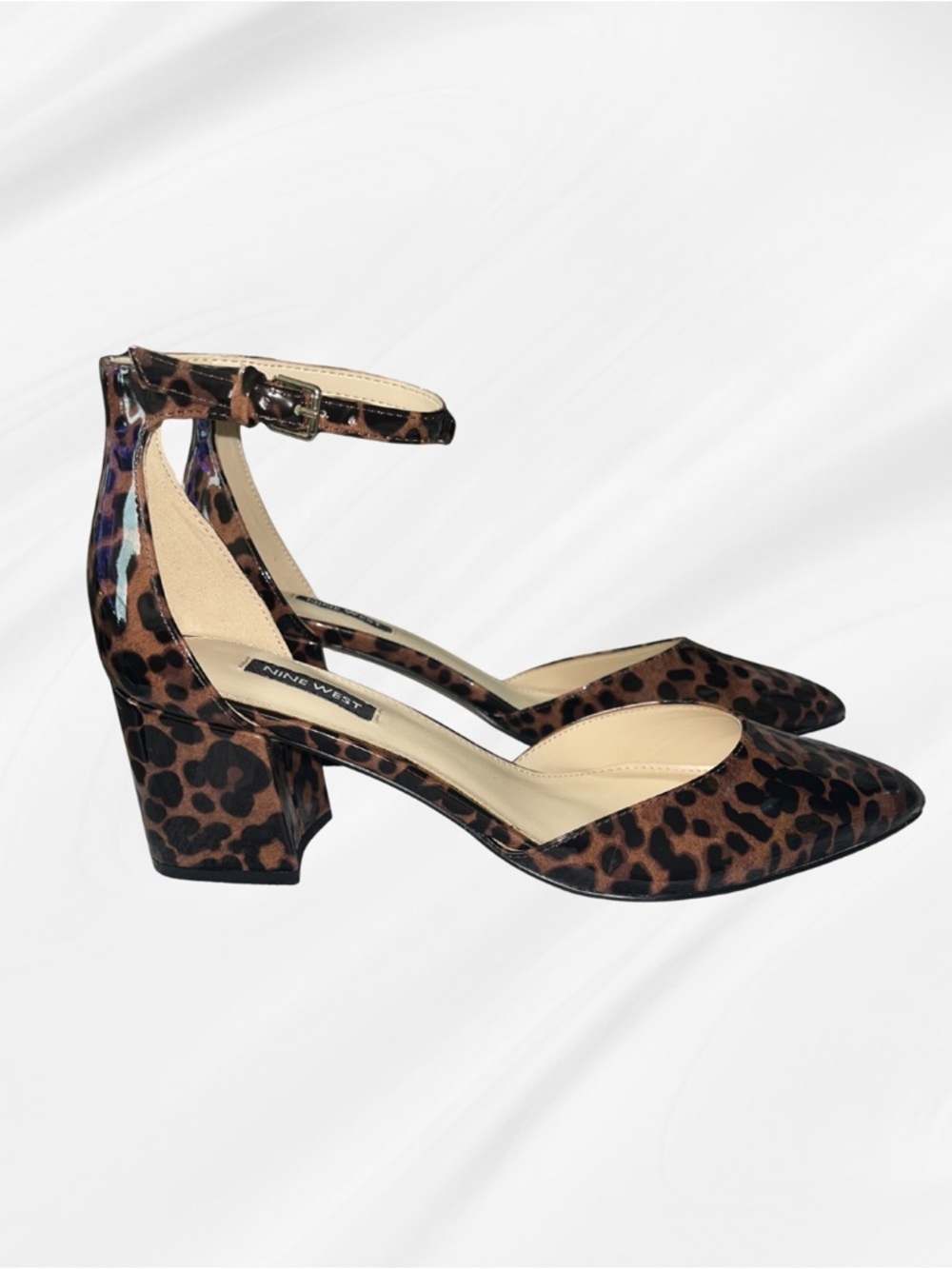 NWOT Nine West Carlien Leopard Print Ankle Strap Block Heel Pumps 9M